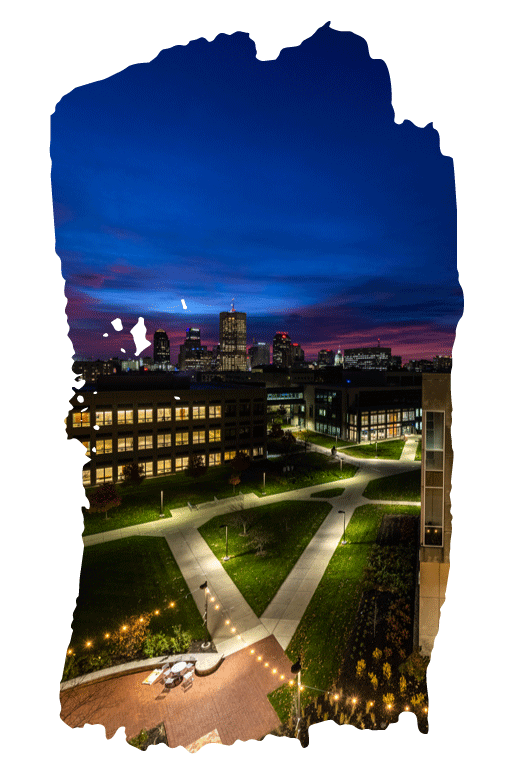 Night photo from above of the IU Indianapolis campus